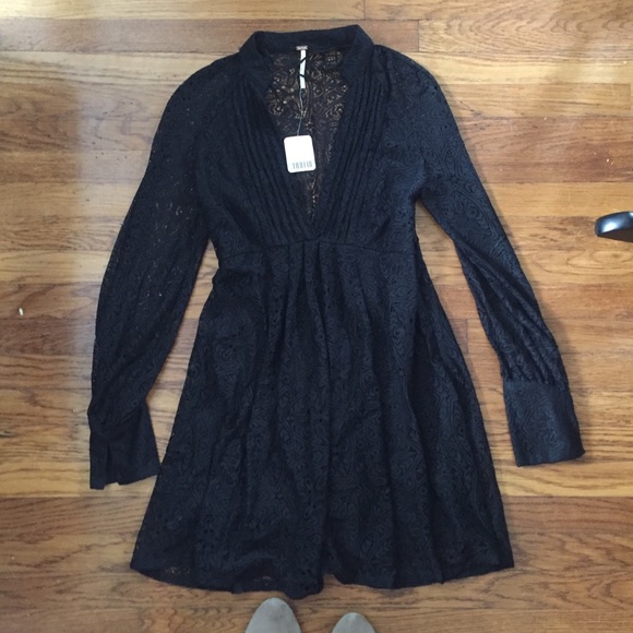NWT Free People Black Lace Long Sleeve Dress - Picture 2 of 8